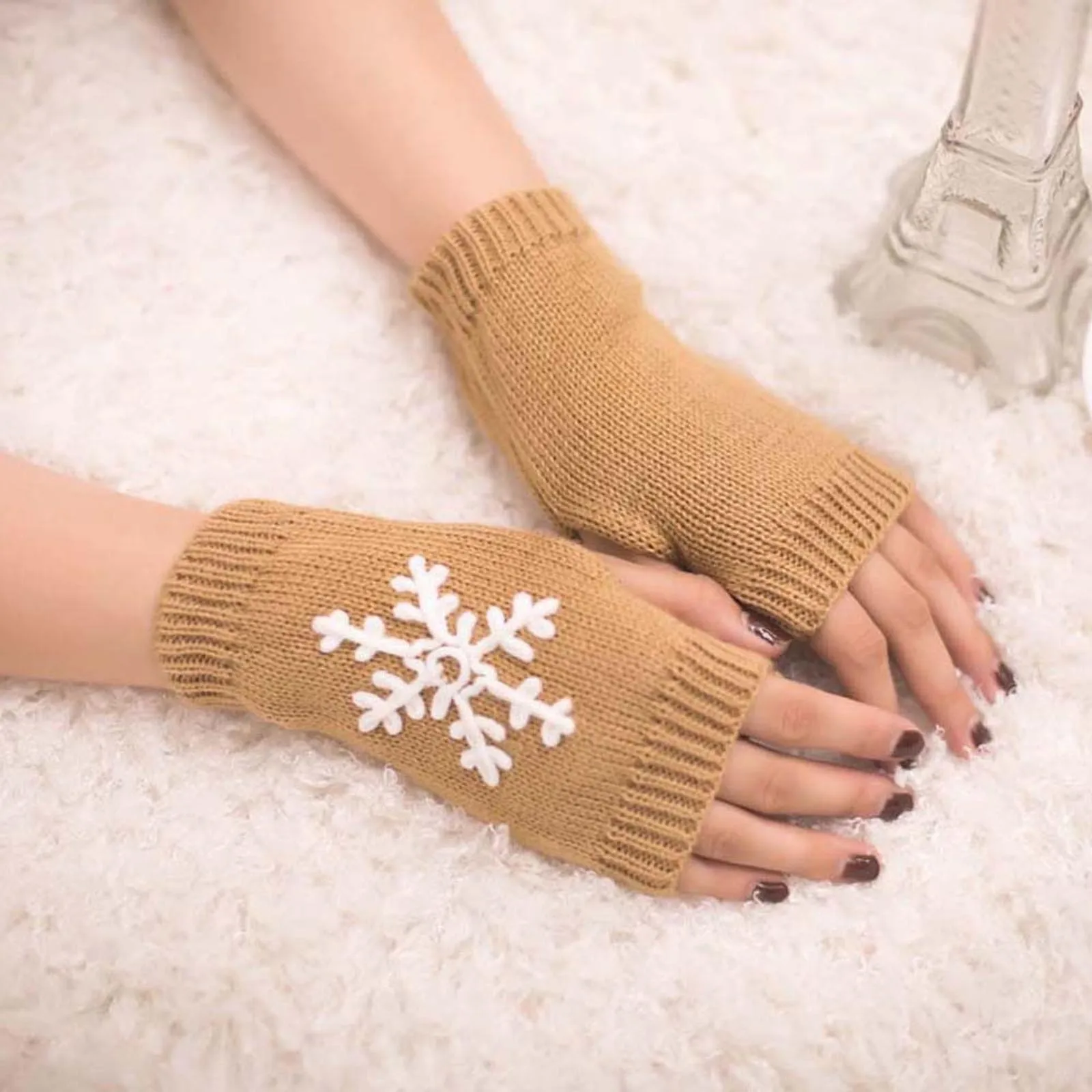 Ženske kašmir tople zimske rukavice s po cijeloj površini Pahulje Ženske Rukavice pletene rukavice bez prstiju Ženski ručni ručni Meke tople rukavice Slika  1