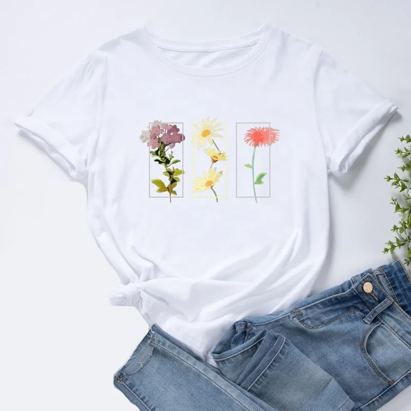 Godišnja ženska moda majica kratkih rukava s cvjetnim ispis, ženska grafička Casual odjeća, ženska svakodnevne besplatne majice sa O-izrez, Vrhovima Slika  2