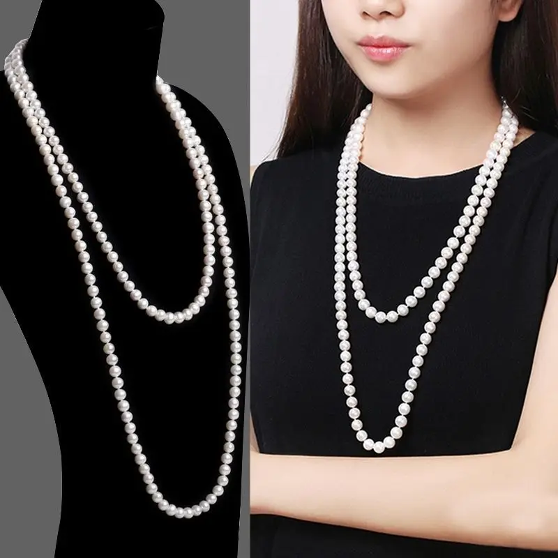 Elegantan biserna ogrlica dužine 1,5 m, bijele boje, promjera 8 mm, za žene, muškarce, djevojke, mlade, Vjenčanje college, džemper, bisera ogrlice, Trend 2021 Slika  3