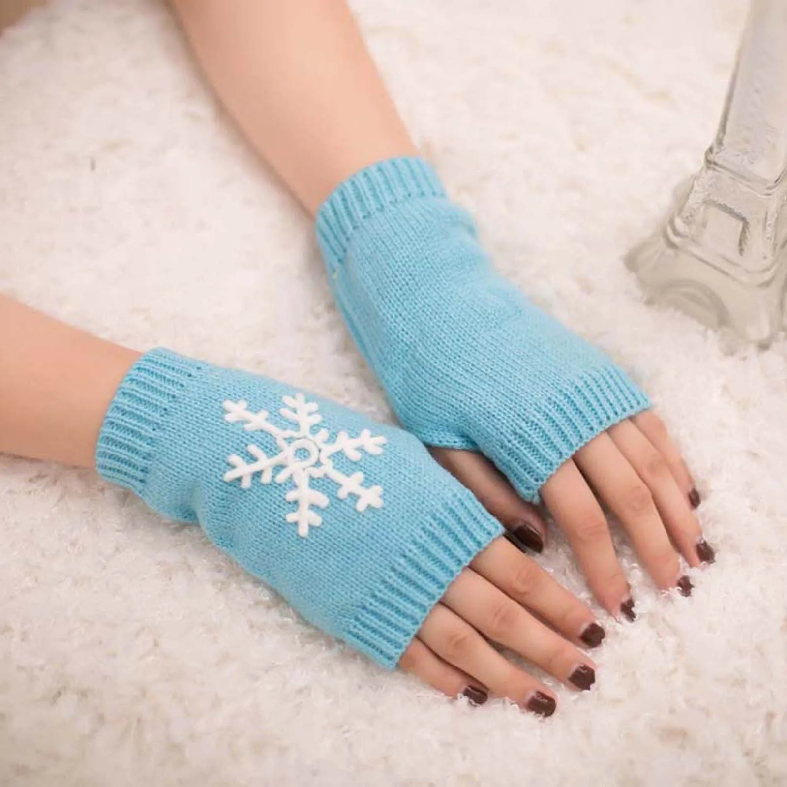 Ženske kašmir tople zimske rukavice s po cijeloj površini Pahulje Ženske Rukavice pletene rukavice bez prstiju Ženski ručni ručni Meke tople rukavice Slika  4