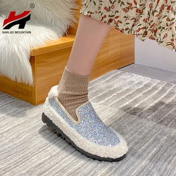2021 Cipele od ovčje vune Mokasinke na ravne cipele Ženske cipele sa šljokicama Cipele grašak Plus baršun Topla Jesen i Zima Plus Size 43