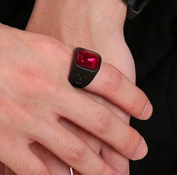 Crna Visokokvalitetni Metal Geometrija Crveni Kristal Prsten Na Prst Muški Hip-Hop Ukras za Stranke