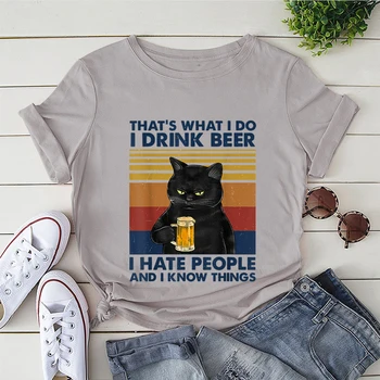Evo Da Ja Pijem Pivo, Mrzim Ljude i Znam Da Je Ljetna majica sa po cijeloj površini, Ženska Casual majica, Vintage t-shirt s ljutitim mačka