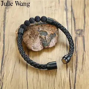 Julie Van Muškarci Kvalitetne Crne Trake, Koža+Lava Kamenje Perle Narukvica Od Nehrđajućeg Čelika Magnet Spone Modni Narukvica Nakit