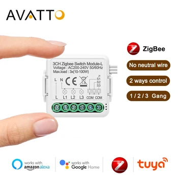 Modul prekidača AVATTO Smart Zigbee Ne zahtijeva neutralne žice,Prekidač Tuya 1/2/3 s 2-bend sustavom Radi Alexa Google Home