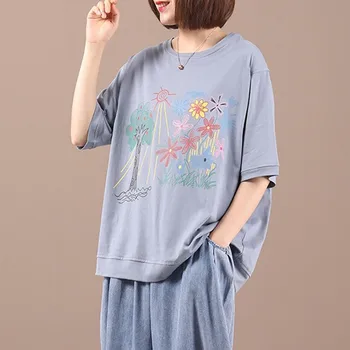Prevelike ženske pamučne svakodnevne majice Novi 2021 Ljeto Jednostavan je stil s cvjetnim ispis Slobodne ženske majice kratkih rukava Tees B705