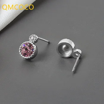 QMCOCO 925 Srebrni okrugle Naušnice Za žene Modni Fin nakit Vintage Jednostavne Darove za rođendan Plava roza naušnice s kubični cirkon