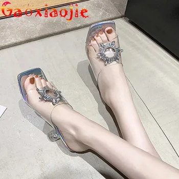 Trendi ženski luksuzni dijamant papuče Seksi Prozirna PVC model s trga kraj Sandale Ljeto 8 cm Mladenka Vjenčanje college Cipele na visoku petu