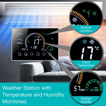 Tuya 4,8-inčni Veliki Šareni ekran Sobni klima-uređaj, Wi-Fi Termostat za grijanje i hlađenje za centralno klima Rad s Alexa