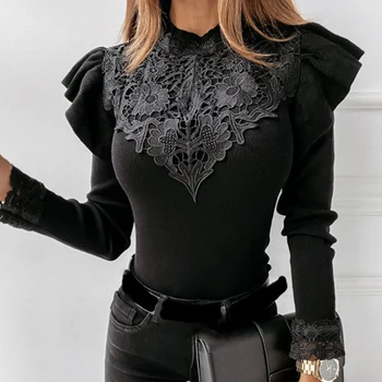 Ukrašen čvrste ženske čipke, majice dugih rukava i okruglog izreza, pletene crne uske majice, modne uske jesensko-zimske košulje G2102