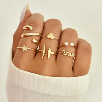 Vintage Gold Star Srce Biserni Prsten za žene Moda Pismo Ljubav Geometrijski Prsten Skup Jednostavnih Nakit Pribor Pokloni